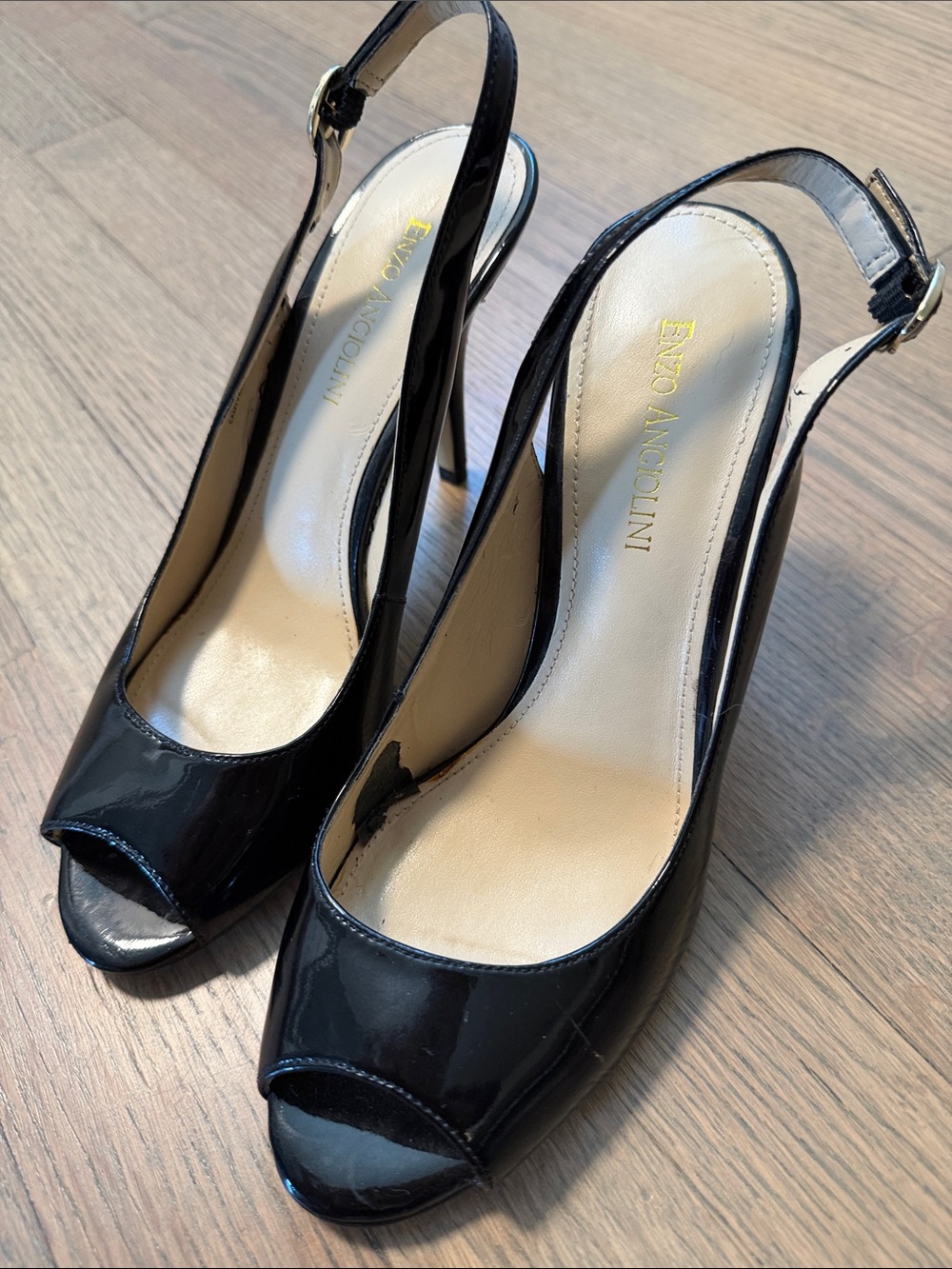 Enzo Angiolini Black Patent Peep-Toe Slingback Heels